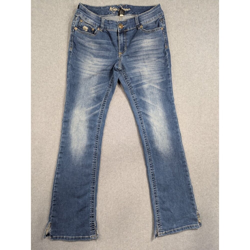 Ariya Jeans Size 11/12 Blue Faded Whiskers Classic Flared Leg Zipper Pockets Y2K